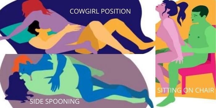 sex positions-cowgirl, sitting the chair, side spooning position